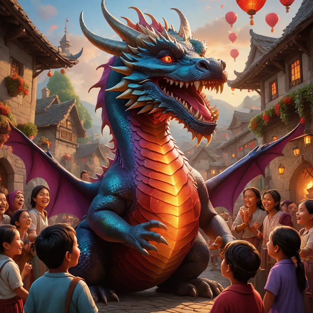 a dragon statue is surrounded by children in a chinese village with lanterns and lanterns hanging from the ceiling and a crowd of people standing around, fantasy art, concept art, Clint Cearley, dragon art