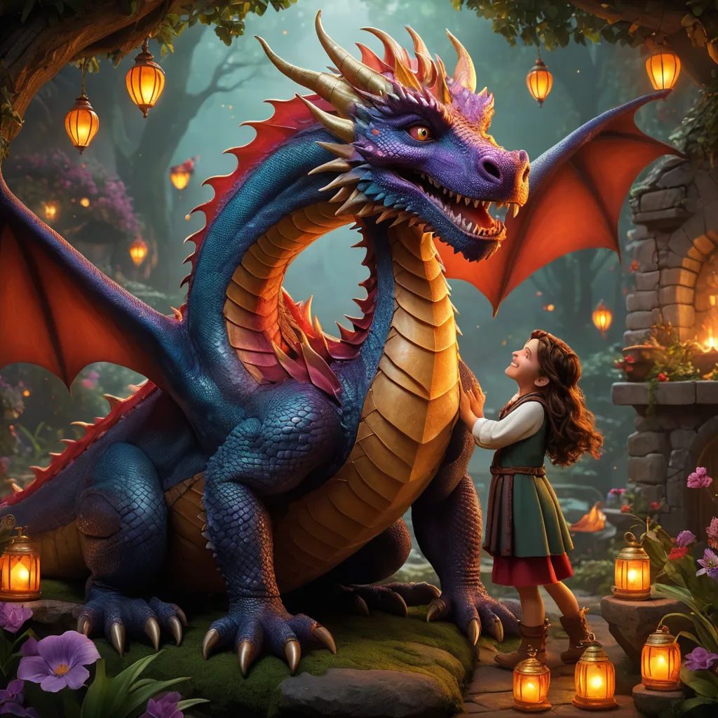 a girl and a dragon in a forest with lanterns and lanterns in the background, with a lantern lit up area, fantasy art, a storybook illustration, Anne Stokes, dragon art