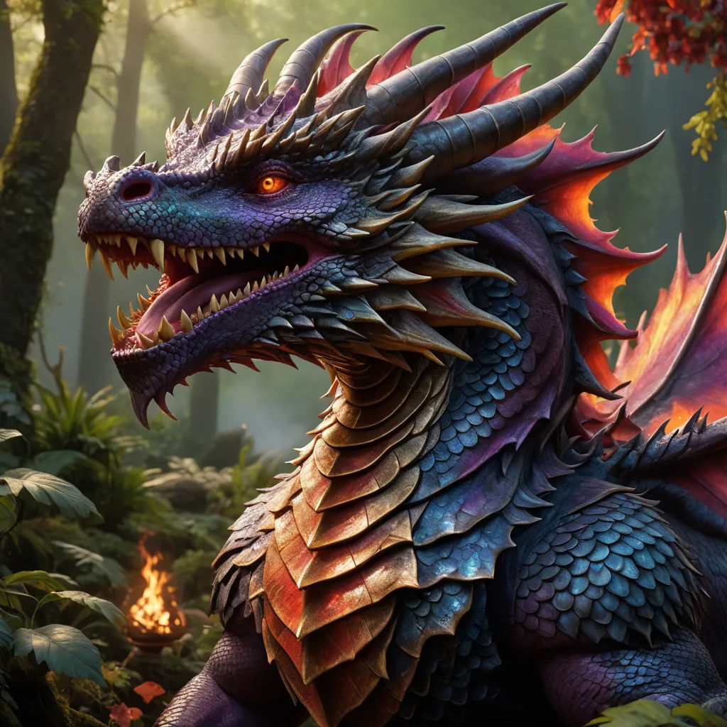 a dragon with red and blue wings in a forest with fire and trees in the background, with a fire in the foreground, fantasy art, concept art, Clint Cearley, dragon art