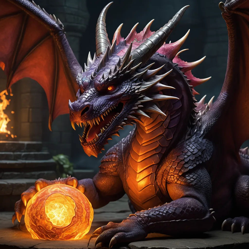 a dragon with a glowing orb in its mouth sitting on a stone floor in front of a fire pit, sots art, a 3D render, Cedric Seaut (Keos Masons), unreal engine 5 highly rendered