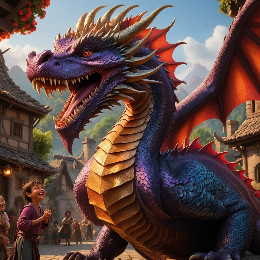 a dragon statue is in front of a crowd of people in a village with a castle in the background, fantasy art, concept art, Chris LaBrooy, dragon art