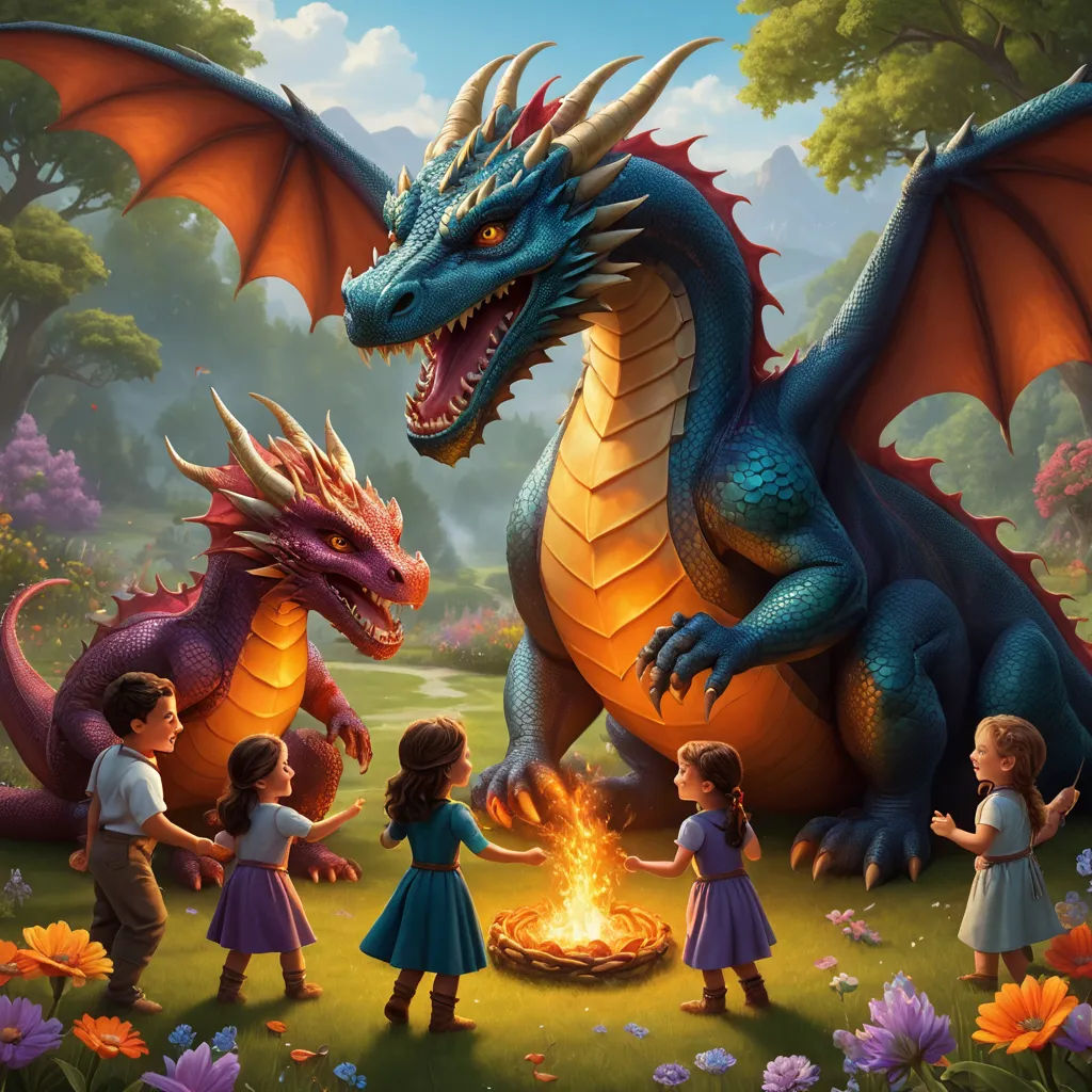 a dragon and two children are standing around a fire pit with a fire in it and a girl is standing next to it, fantasy art, a storybook illustration, Brothers Hildebrandt, dragon art