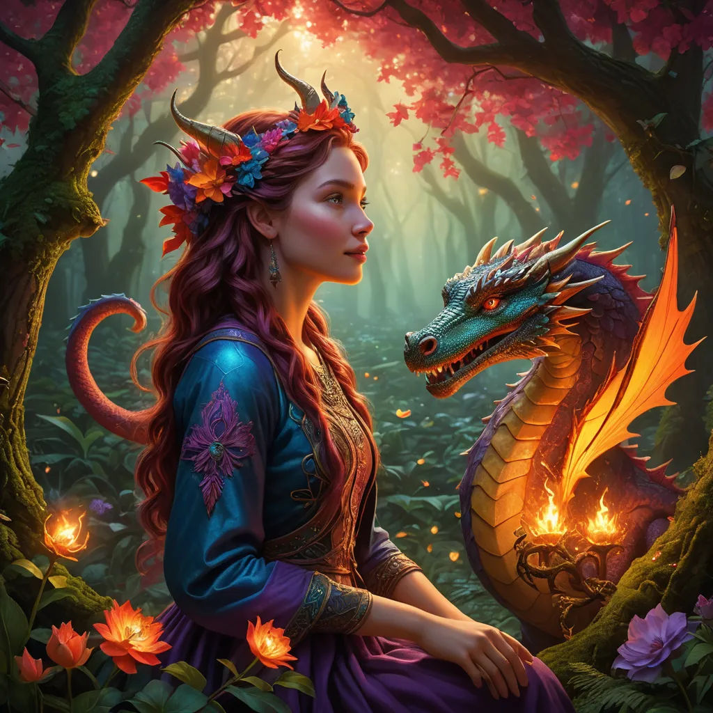 a woman with a dragon on her head sitting in a forest with flowers and a fire breathing dragon in her hand, fantasy art, a storybook illustration, Anne Stokes, dragon art