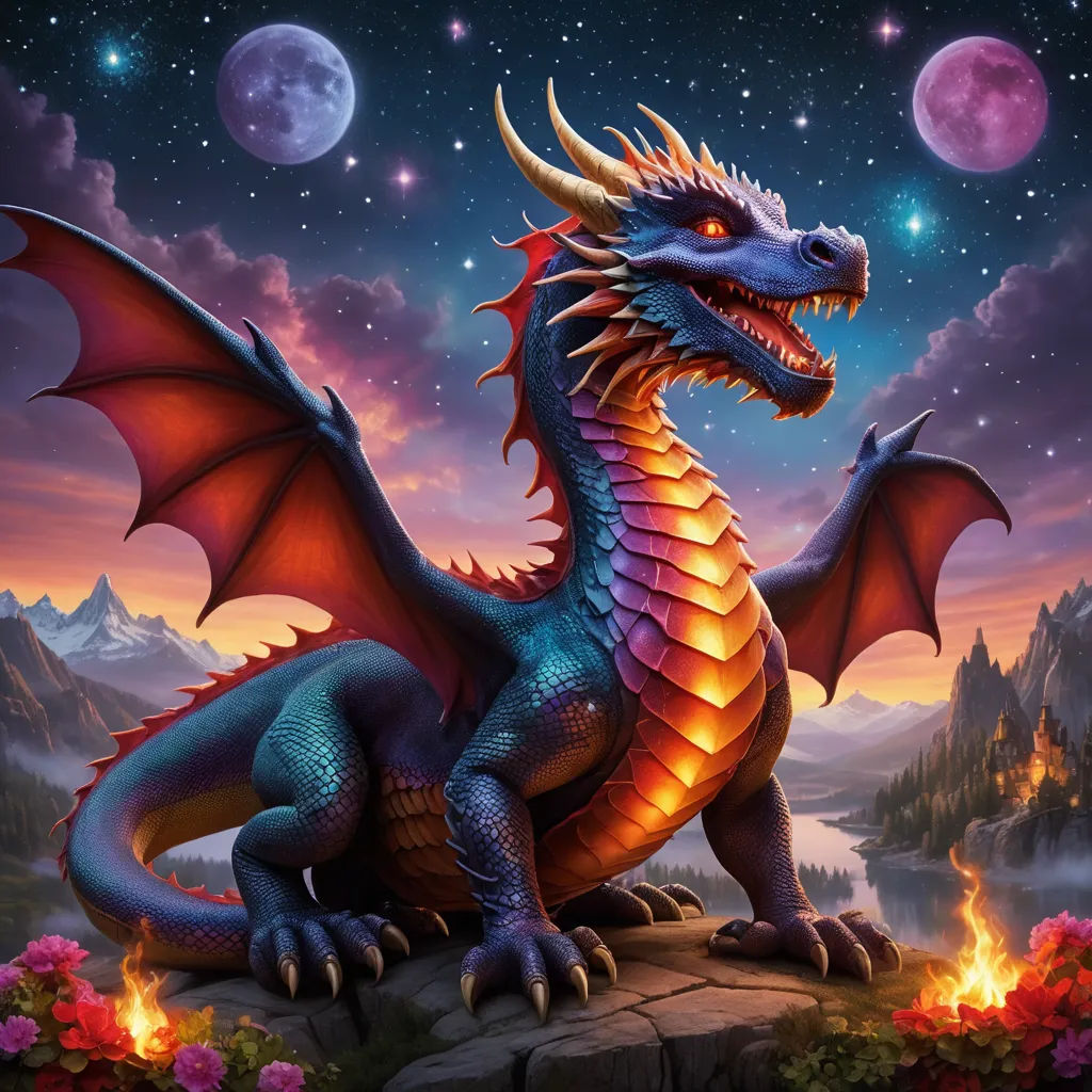 a dragon sitting on a rock in the night sky with a full moon behind it and a mountain range in the background, fantasy art, an airbrush painting, Anne Stokes, dragon art