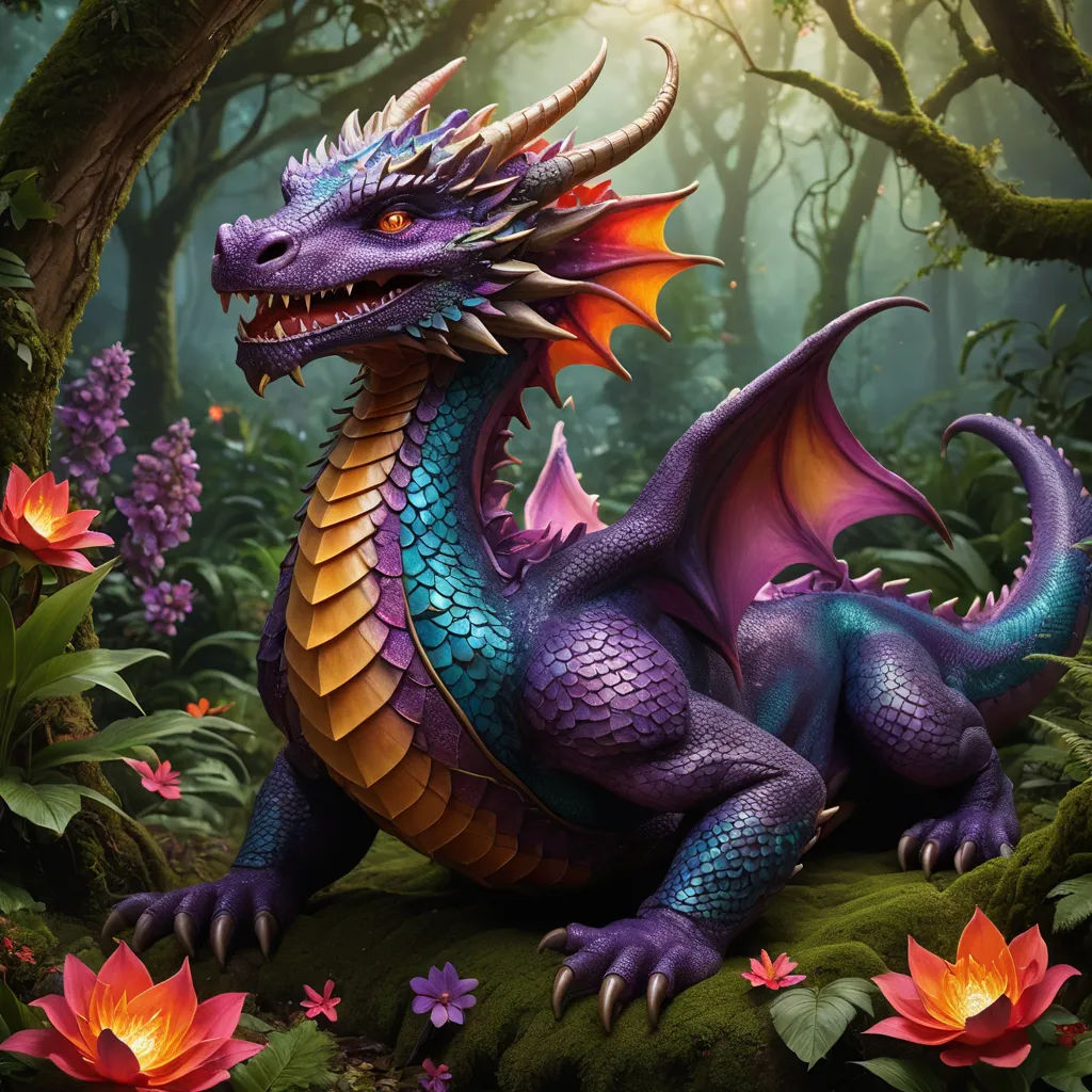 a dragon statue sitting on top of a lush green field of flowers and trees in a forest with pink flowers, fantasy art, concept art, Anne Stokes, dragon art