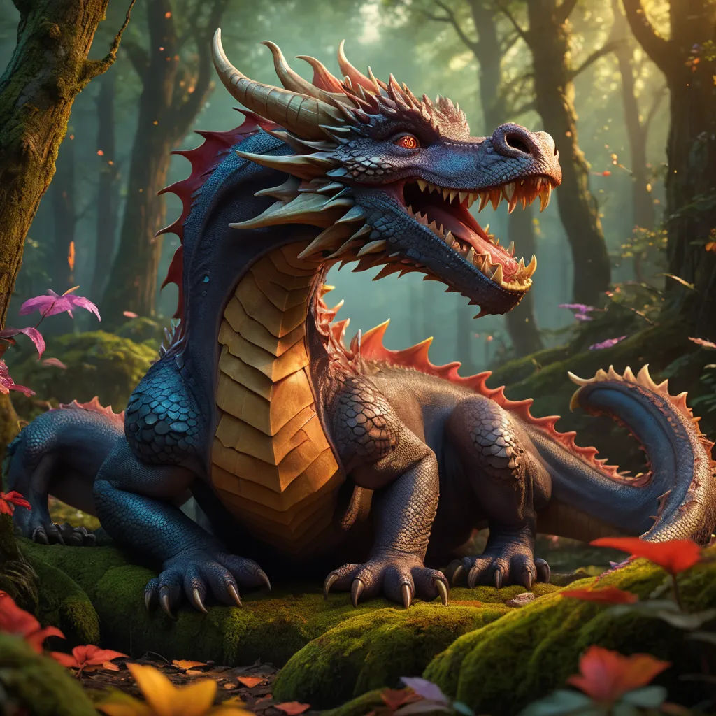 a dragon statue sitting in the middle of a forest with leaves on the ground and trees in the background, fantasy art, concept art, Chris LaBrooy, dragon art