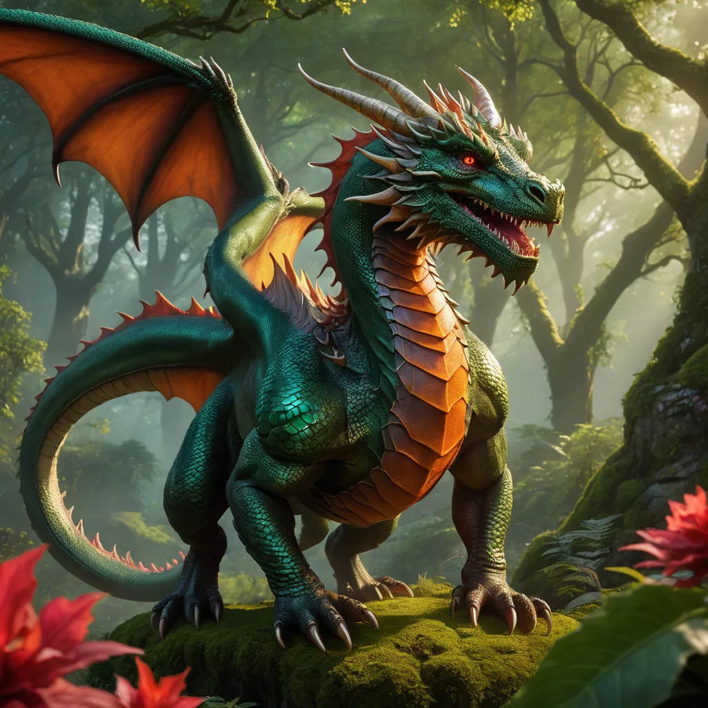 a green dragon with orange wings standing in a forest with flowers and trees in the background, with a red flower in the foreground, fantasy art, concept art, Clint Cearley, dragon art