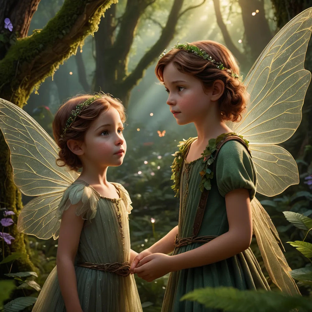 two little girls dressed in green fairy costumes in a forest with butterflies on their wings and a fairy holding hands, magical realism, a detailed matte painting, Cliff Childs, cgstudio