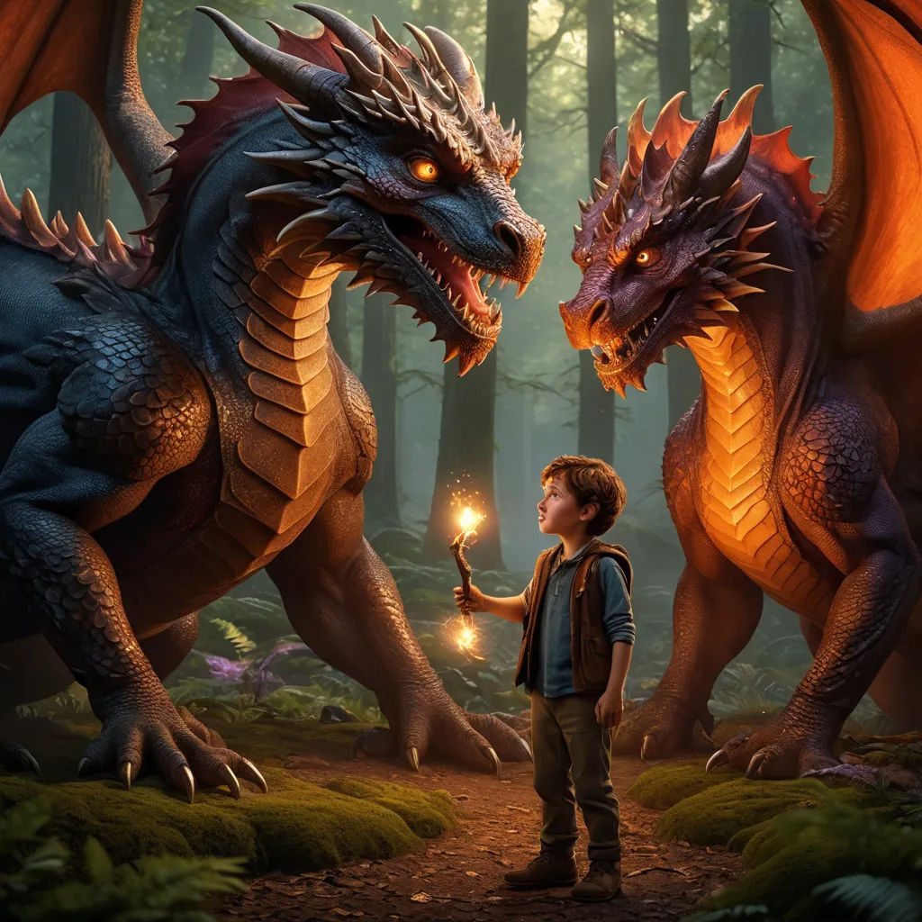 a boy standing next to a dragon in a forest with a light in his hand and a glowing light in his hand, fantasy art, a storybook illustration, Diego Gisbert Llorens, key art