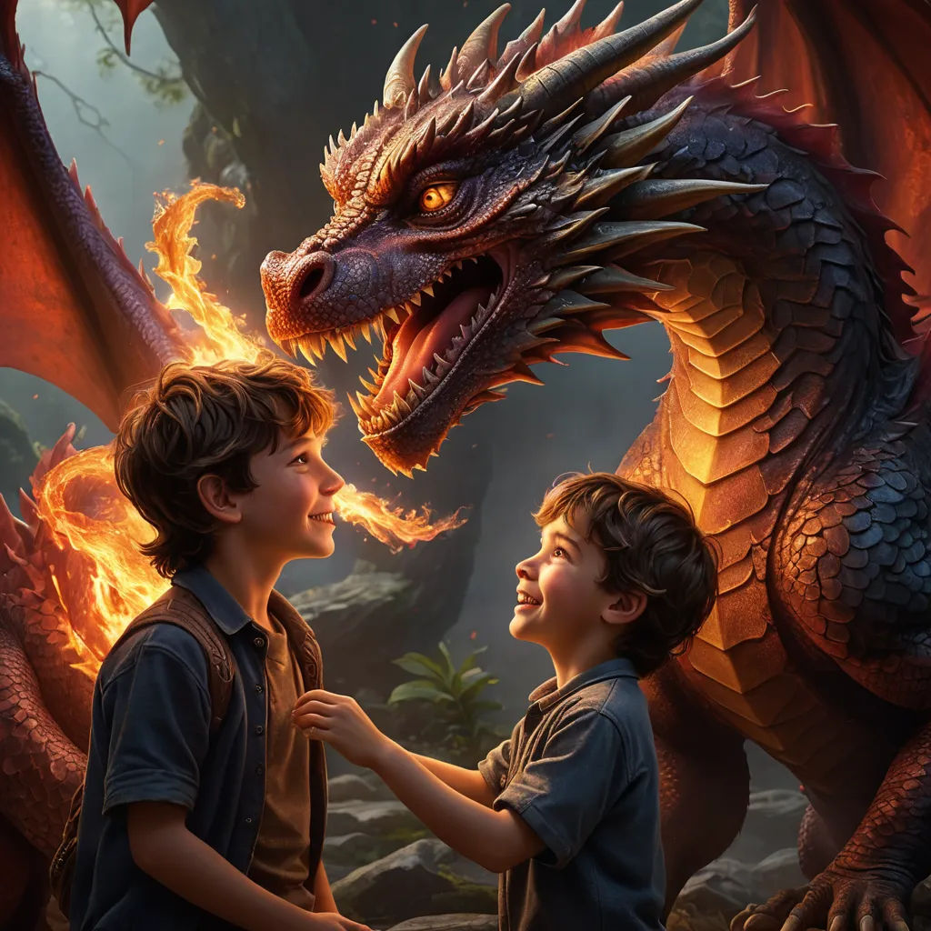 a boy and a boy are looking at a dragon in the background of a painting of a boy and a dragon, fantasy art, a poster, Clint Cearley, dragon art