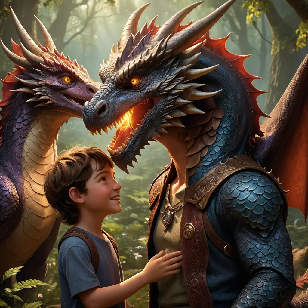 a boy and a dragon are standing in the woods together, with one boy looking at the dragon's head, furry art, a poster, Clint Cearley, key art
