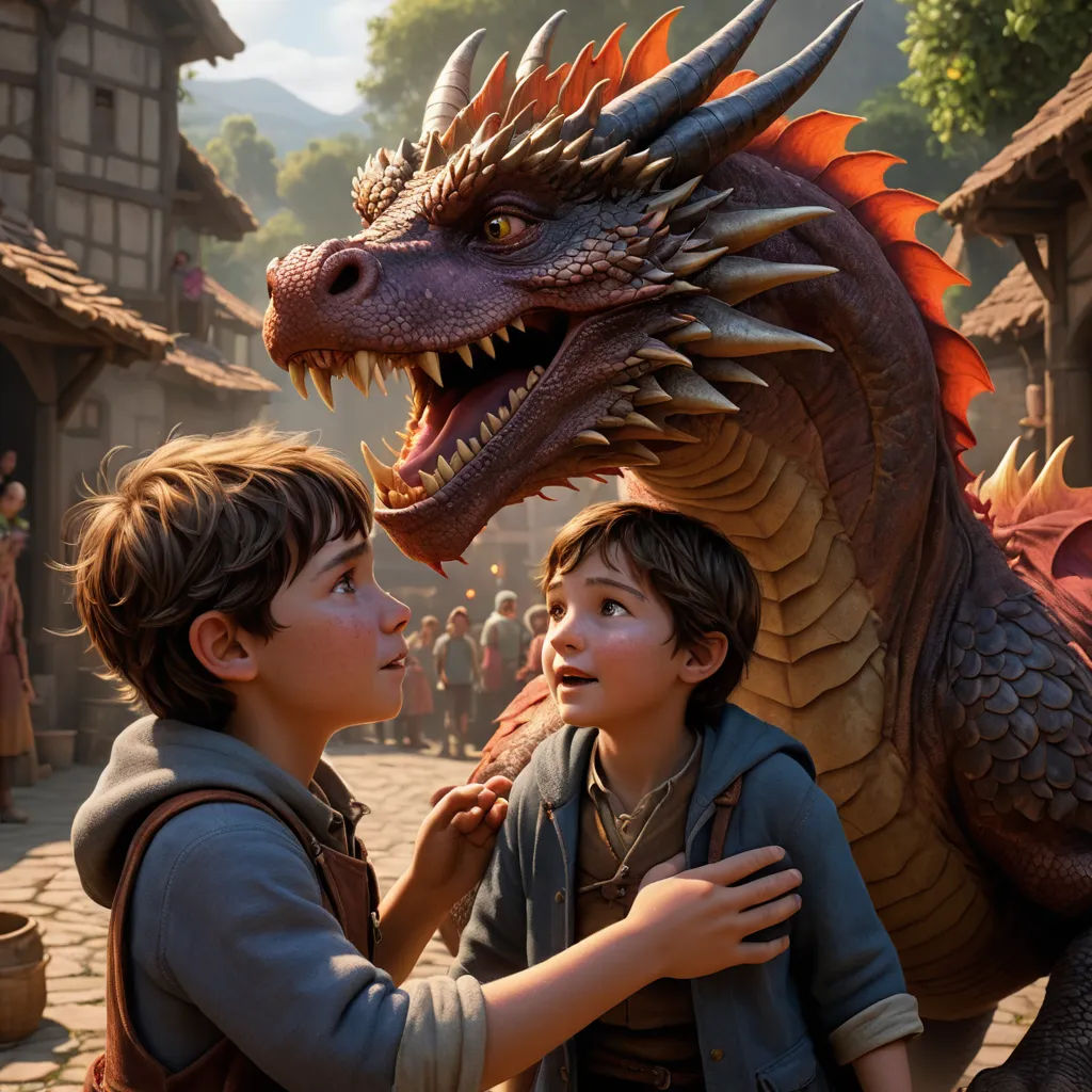 a boy and a boy are looking at a dragon statue in a village with people around it and a man is standing next to the dragon, furry art, a storybook illustration, Clint Cearley, promotional image