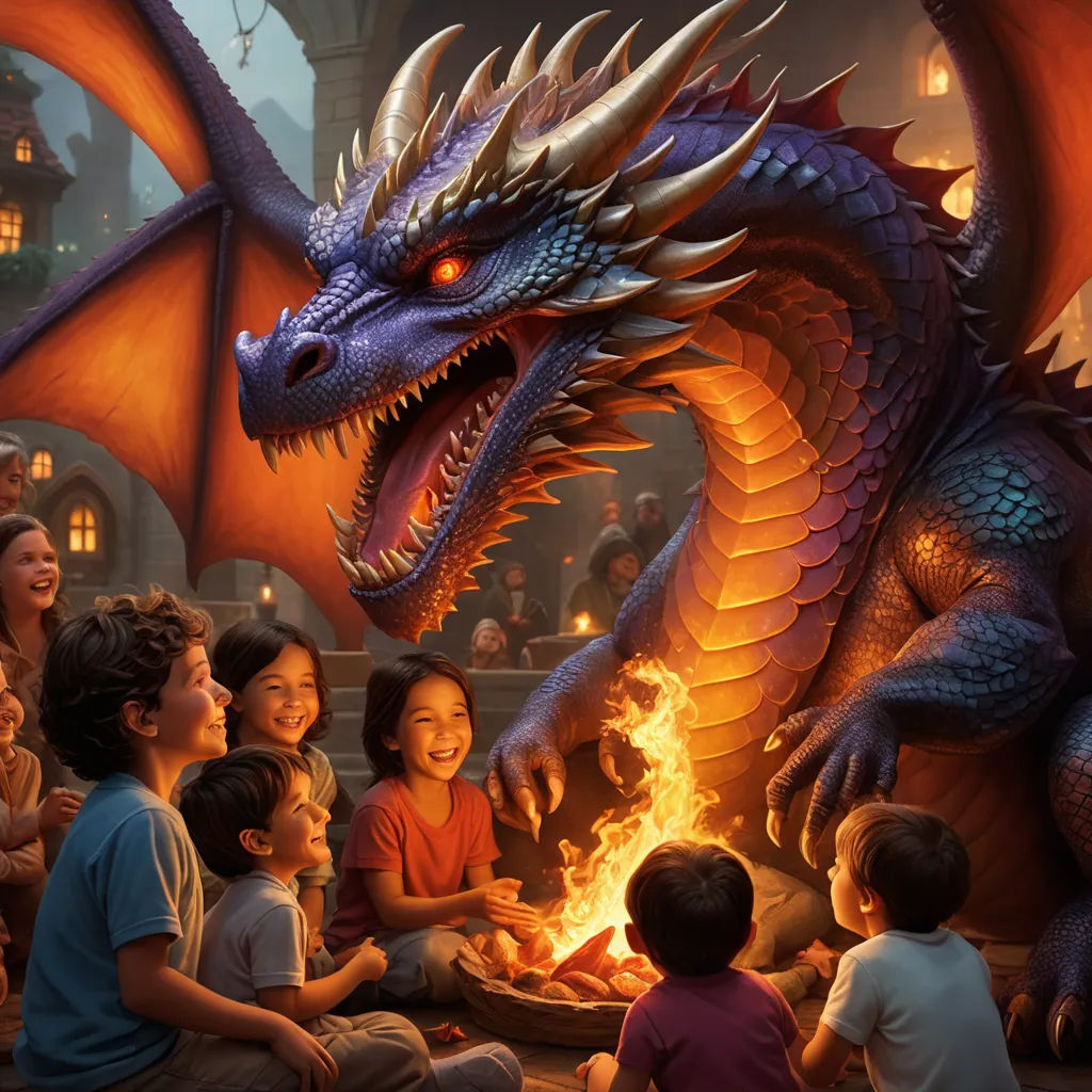 a group of children sitting around a fire pit with a dragon on it's face and a fire in the mouth, fantasy art, a storybook illustration, Clint Cearley, dragon art