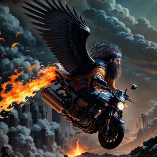 a man riding a motorcycle with a large bird on it's back and flames coming out of the back