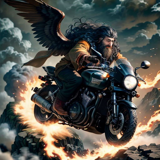 a man riding a motorcycle with a large bird on the back of it's back tire and wings