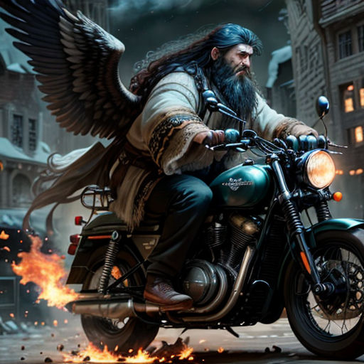 a man with long hair riding a motorcycle with a long beard and long hair on it's back