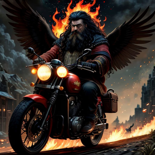 a man riding a motorcycle with a long beard and a long beard on it's head and wings