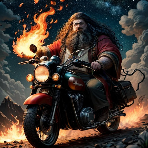 a man riding a motorcycle with a long beard and a long beard on it's head and a flame in the air