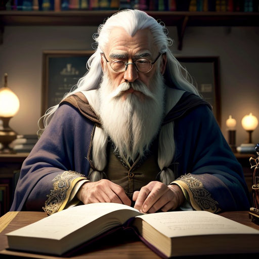 a man with a long white beard and glasses sitting at a table with an open book in front of him