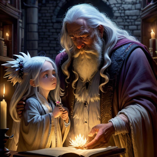 a man and a little girl are looking at a book with a wizard on it and a wizard holding a wand