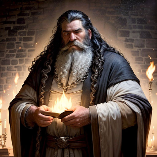 a man with long hair and a beard holding a lit candle in his hands and wearing a robe with a long beard