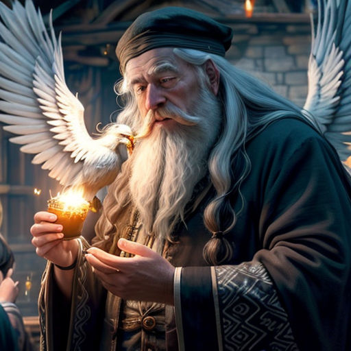 a man with a long beard and a long white beard holding a lit candle in his hand and a bird on his arm