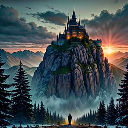 a castle on top of a mountain with a sunset in the background and trees around it, with a man standing on a hill