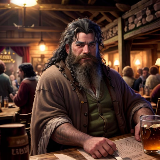 a man with a beard sitting at a table with a glass of beer in front of him and a menu in front of him