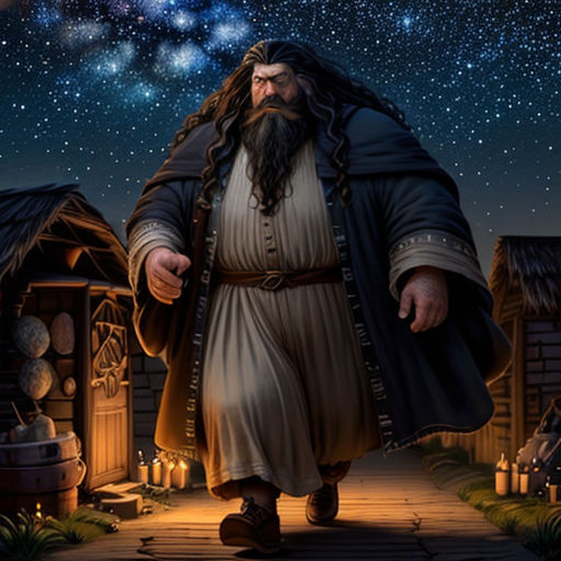 a man with a long beard and long beard walking down a path towards a small cabin under a night sky with stars