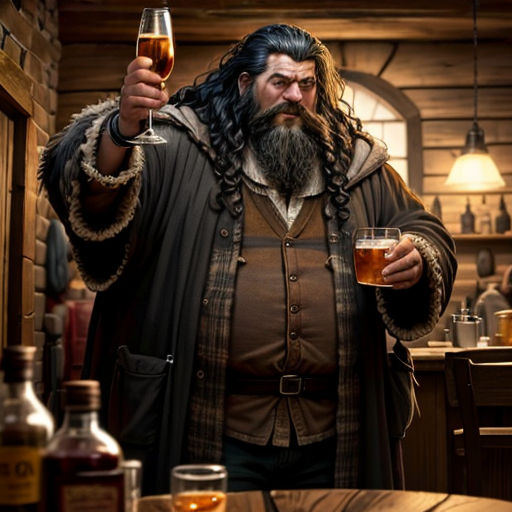 a man with a beard holding a glass of beer in a bar with bottles and glasses on the table