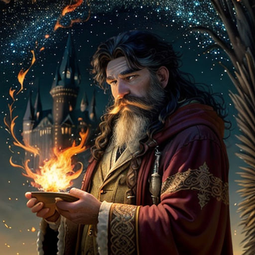 a man holding a bowl of fire in his hand and a castle in the background with stars above it