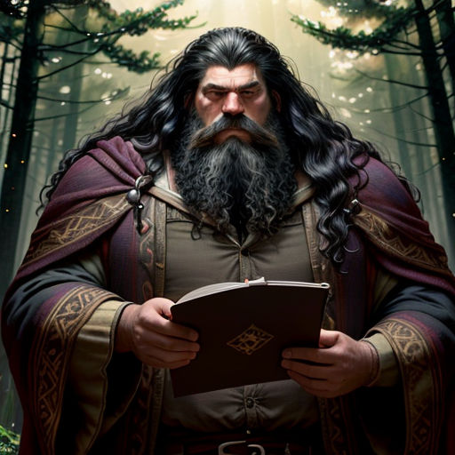 a man with a beard and long hair holding a book in his hands in a forest with trees and stars