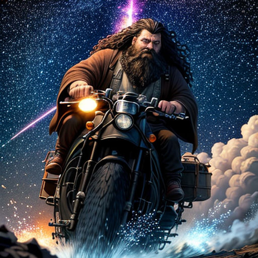 a man riding a motorcycle with a long beard and a beard on it's head, in the sky