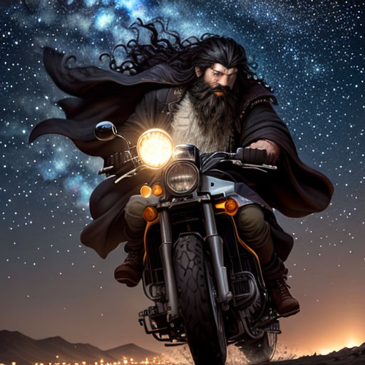 a man riding a motorcycle with a long beard and long hair on it's back with a long beard