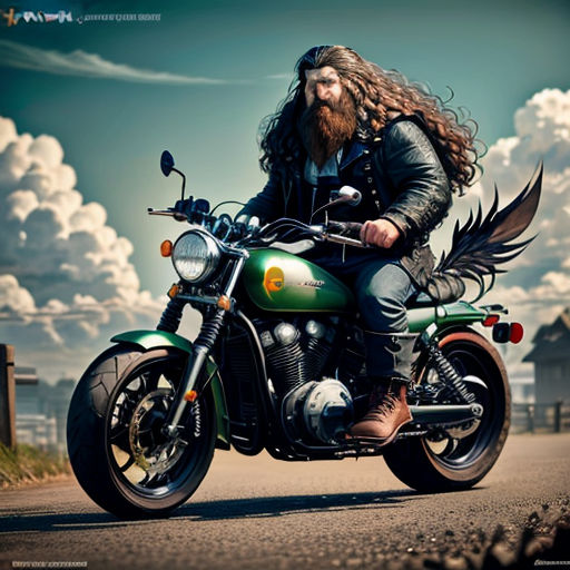 a man with long hair riding a motorcycle on a road with clouds in the background and a sky with clouds