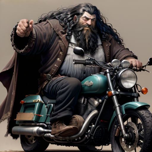 a man with long hair riding a motorcycle with a beard and long beard wearing a long coat and holding a gun