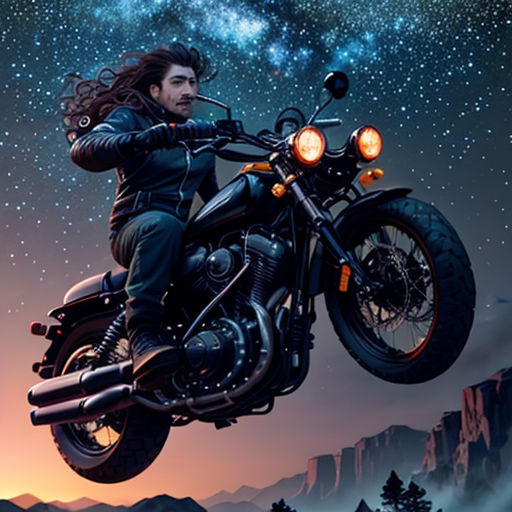 a man riding a motorcycle in the air with a sky background and stars above him and a mountain range