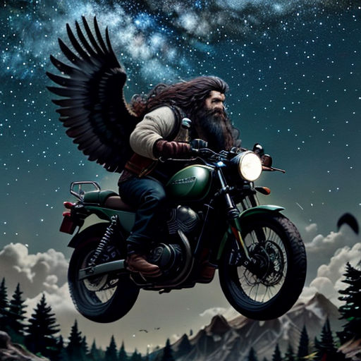 a man riding a motorcycle with a large bird on the back of it's back tire and wings