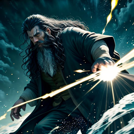 a man with long hair and a beard holding a sword in his hand and a light shining from his hand