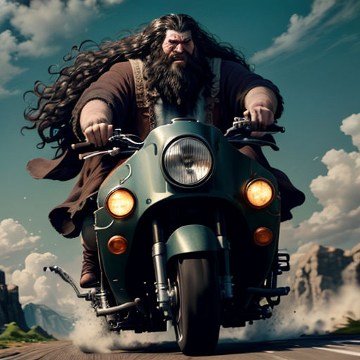 a man riding a motorcycle down a road with a long beard and long hair on it's head