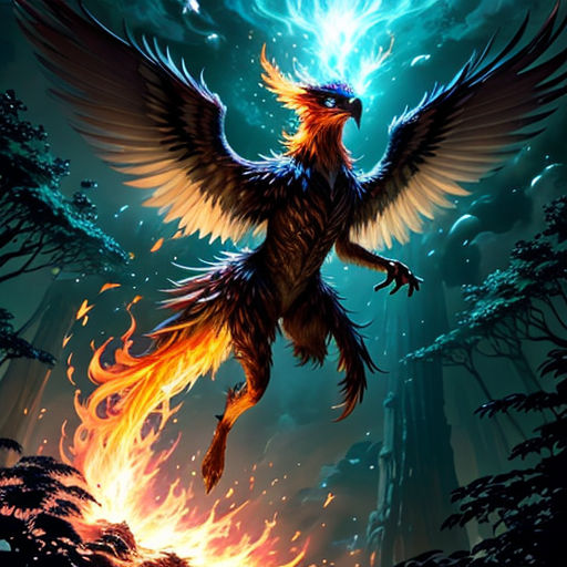 a bird flying over a forest filled with fire and water with a bright blue sky behind it and a glowing fireball
