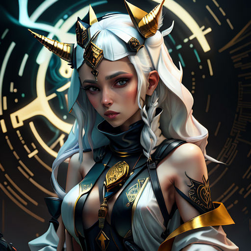 a woman dressed in a costume with horns and horns on her head, holding a gun and a clock
