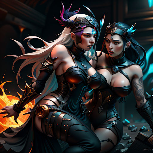 two women dressed in costumes with swords and flames in their hands, one of them is holding a sword
