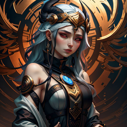 a woman with a blue hair and a blue dress holding a sword in her hand and a golden background