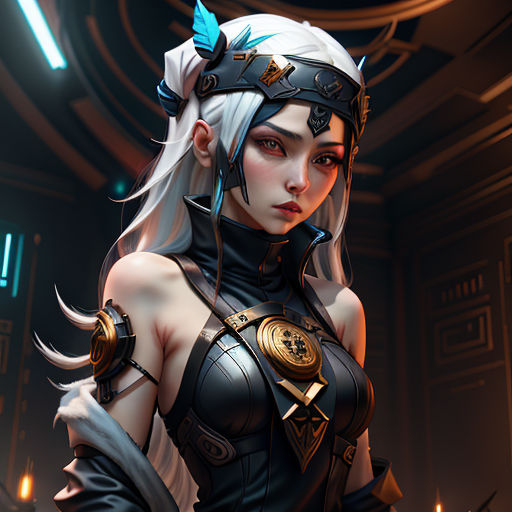 a woman in a futuristic outfit with a sword in her hand and a glowing background behind her is a circular light