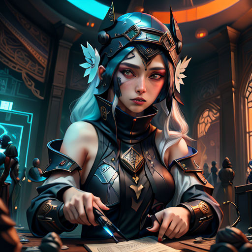 a woman in a costume is holding a knife and a book in her hands while sitting at a table