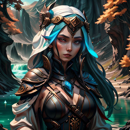 a woman in a fantasy outfit standing in front of a forest with trees and rocks, with a waterfall in the background