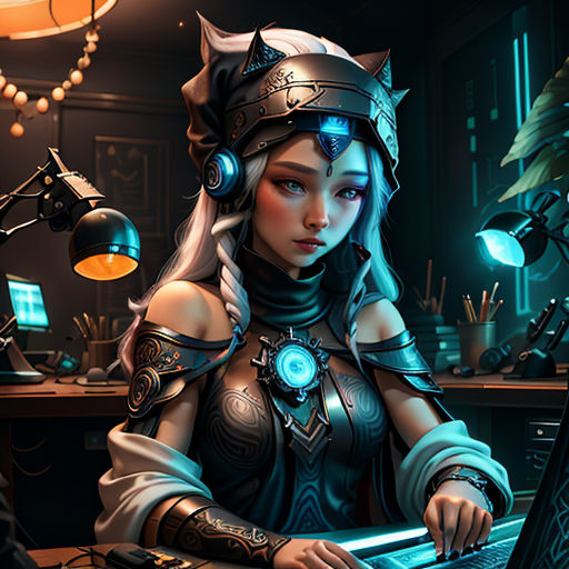 a woman in a costume using a laptop computer in a dark room with a lamp on the ceiling and a lamp on the table
