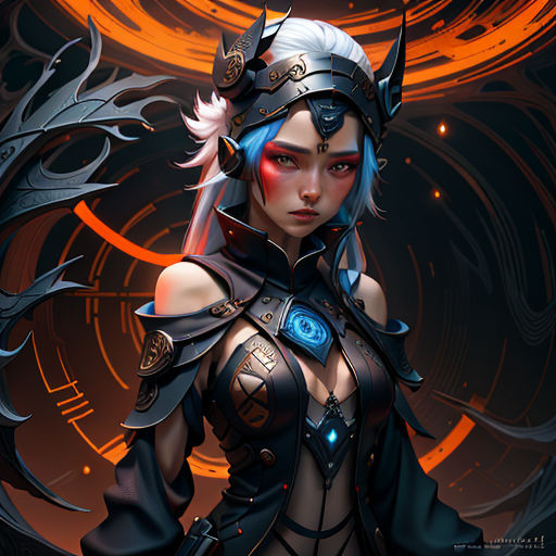 a woman in a costume with a sword and a helmet on her head and a clock in the background