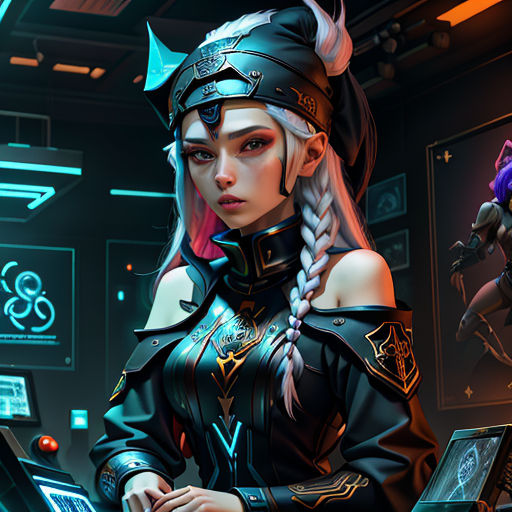 a woman in a futuristic setting with a laptop computer and a demon on her shoulder, and a demon on her arm